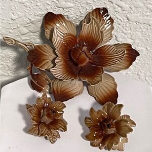 Vintage Brooch & Clip Earrings Set Signed Hedy Floral Caramel Enamel Mid Century